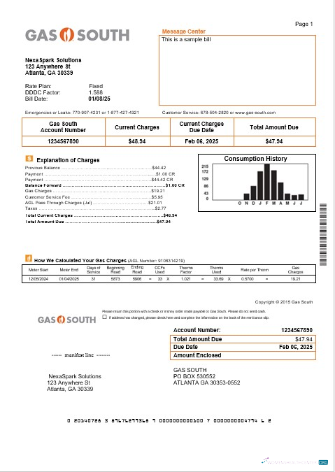 Download USA New York Gas South business utility bill template in Word and PDF formats Photoshop template